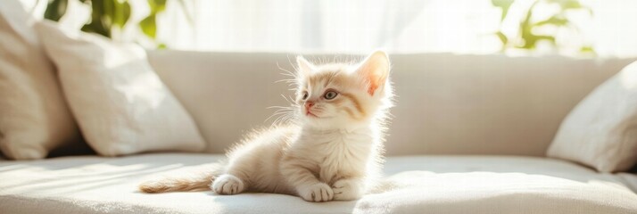 Poster - Kitten enjoys playful moments in a bright sunny living room filled with natural light. Generative AI