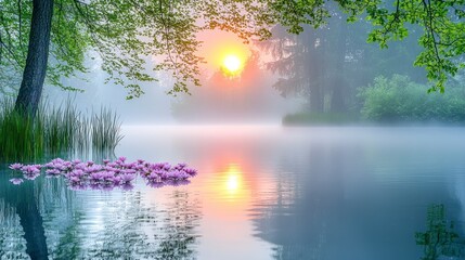 Canvas Print - Pink flowers in pond at sunrise misty woods use wallpaper