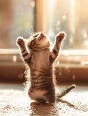 Aufkleber - Kitten joyfully playing in a sunny living room filled with warmth and happiness. Generative AI