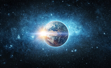 Wall Mural - panoramic view of the earth, sun, star and galaxy. sunrise over planet earth, view from space. conce