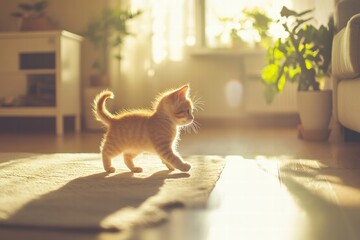 Poster - Cute kitten frolicking in a sunny living room during the afternoon. Generative AI