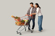 © Pixel-Shot - Beautiful young happy couple with full shopping cart on grey background