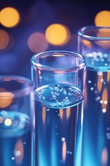 Poster - Close-up Of Three Test Tubes Filled With Blue Liquid, Representing Science And Research