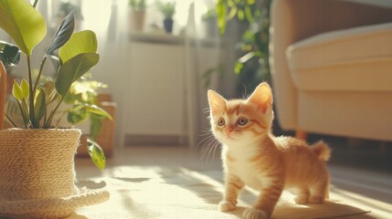 Poster - Playful kitten enjoys sunshine in a cozy living room while exploring a houseplant and bright surroundings. Generative AI
