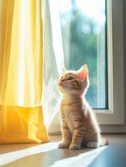 Poster - Playful kitten enjoying sunshine in a cozy living room with bright curtains and warm ambiance. Generative AI