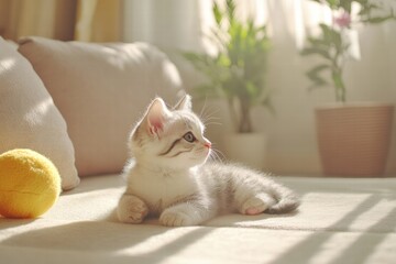 Poster - Playful kitten lounging in bright and sunny living room during afternoon. Generative AI
