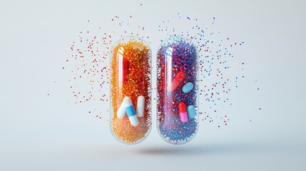 Aufkleber - Colorful particles spill from a split capsule in a bright setting showcasing vibrant creativity and scientific intrigue. Generative AI