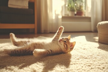 Poster - Kitten enjoys playful moments in a sunny living room on a warm afternoon. Generative AI