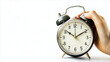 © Saqlain - a hand turn off an analog alarm clock on white background with copy space