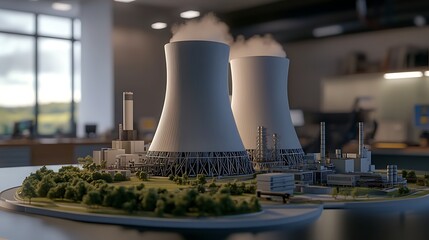 An engineering model of a nuclear power plant displayed on a table, enhancing the professional atmosphere of the office.