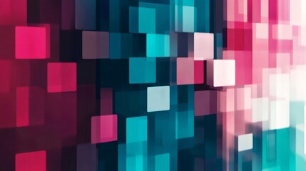 Poster - Overlapping square pattern in pink, turquoise, white tones, forming abstract geometric design with dynamic visual energy