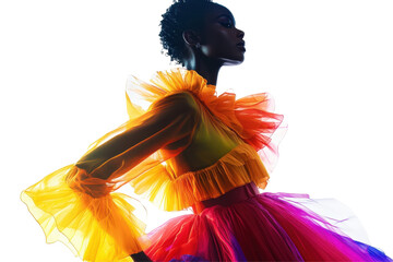 Aufkleber - Colorful fashion portrait featuring a model with vibrant clothing and striking accessories in a minimalist setup