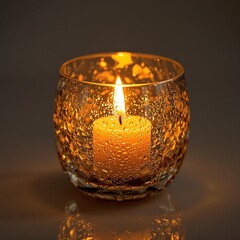 Poster - a lit candle inside a textured glass holder, casting a warm, ambient glow against a dark background.