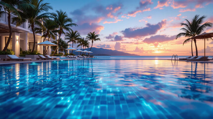 Poster - luxurious outdoor pool with palm trees and a stunning sunset in the background, creating a serene and picturesque scene.