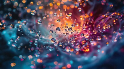 Poster - vibrant, abstract background with swirling patterns of blue, orange, and yellow. It features a collection of colorful, circular bokeh lights scattered throughout the scene.
