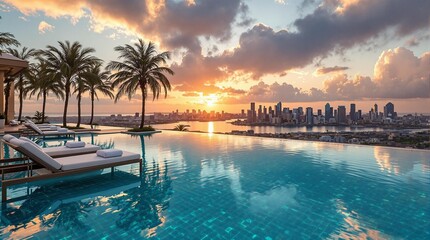 Poster -  a serene outdoor scene with a pool, palm trees, and a city skyline in the background. The sky is painted with warm hues of a setting or rising sun.