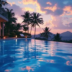 Poster - serene pool surrounded by palm trees, with a beautiful sunset in the background. The sky is painted with hues of pink and orange, and the pool reflects the stunning colors of the sunset.