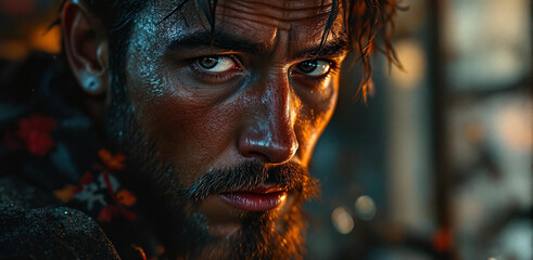 Poster - a close-up of a person with a intense expression, looking directly at the camera. The person has a beard and is wearing a dark outfit.
