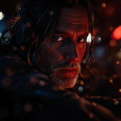 Poster - a man with long, wet hair wearing headphones, looking to the side. The background is dark with some light sources illuminating the scene.