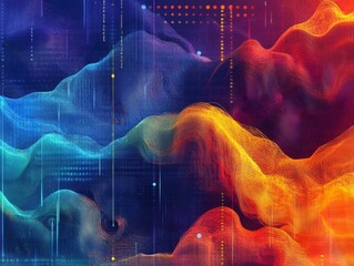 Poster - Vibrant digital landscape featuring flowing waves, matrix code, and abstract data visualization patterns in dynamic motion