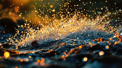 Fototapete - a close-up photograph of a splash of water, with droplets illuminated by a warm, golden light, creating a sparkling effect. The background is out of focus, emphasizing the splash and creating a bokeh 