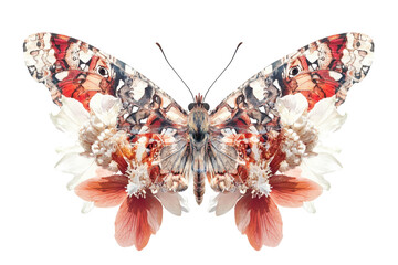Poster - Colorful butterfly perched above vibrant flowers showing intricate details of wings and nature's beauty in a transparent background