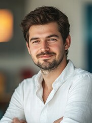 Aufkleber - Young man smiles confidently in casual white shirt, showcasing relaxed atmosphere and engaging personality during a candid moment. Generative AI