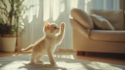 Aufkleber - Cute orange and white kitten plays joyfully in bright sunny living room during afternoon light. Generative AI