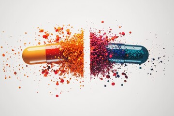 Aufkleber - Colorful particles burst from a split capsule creating a vibrant display of hues and textures. Generative AI