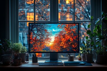 Poster - A bright home office with a computer by the window, featuring a stylish interior design