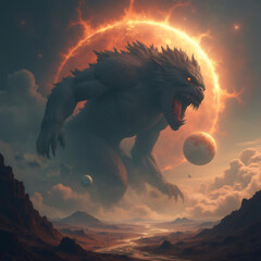 a colossal, menacing creature towering over a desolate landscape with a fiery celestial body