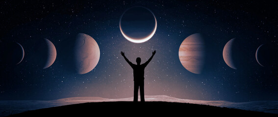 Wall Mural - Man against background of  starry sky, planet. The concept on the topic of astronomy, astrology, science.  Elements of this image furnished by NASA.