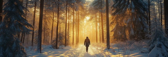 Poster - Woman walks a winter forest with the morning light streaming through the trees