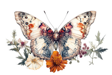 Poster - Colorful butterfly perched above vibrant flowers showing intricate details of wings and nature's beauty in a transparent background