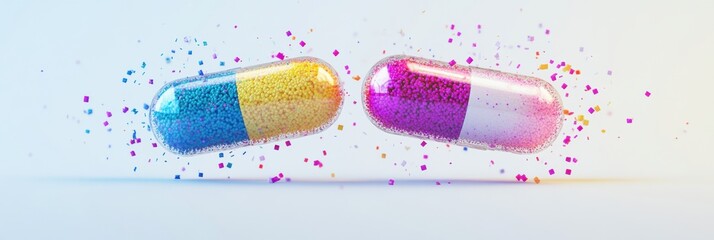 Aufkleber - Colorful particles spill from a split capsule revealing vibrant contents in a clean setting. Generative AI
