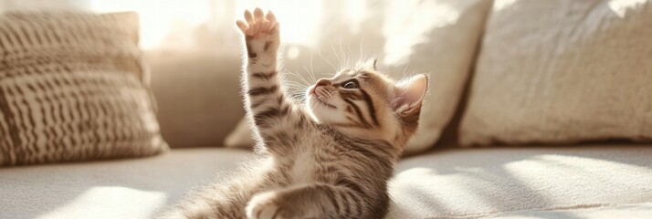 Poster - Playful kitten enjoying sunshine in cozy living room while reaching for a toy. Generative AI