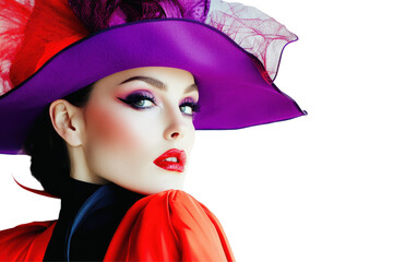 Aufkleber - Vibrant model with fiery red feathered headdress and striking makeup posing against a crisp white background in a fashion-forward atmosphere