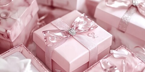 Pink gift boxes adorned with elegant bows create a romantic atmosphere, perfect for celebrating love and affection on Valentine's Day.