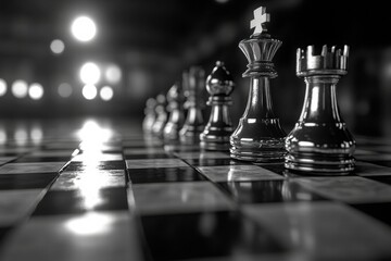 Aufkleber - Strategic chess pieces arranged on a checkered board during an intense match in black and white. Generative AI