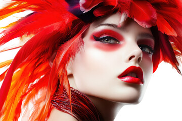 Aufkleber - Vibrant model with fiery red feathered headdress and striking makeup posing against a crisp white background in a fashion-forward atmosphere