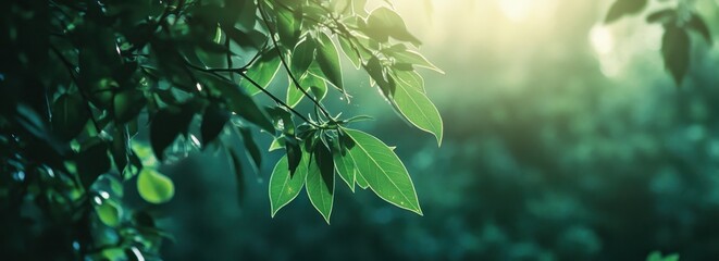 Wall Mural - green leaves on a blurred background with copy space, a green banner for nature, environment, and ec
