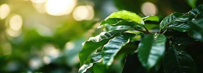Wall Mural - green leaves on a blurred background with copy space, a green banner for nature, environment, and ec