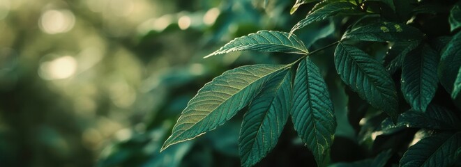 Wall Mural - green leaves with a blurred background and ample copy space, a banner for a green environment concep