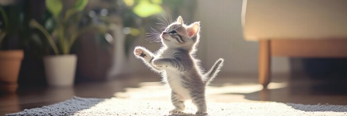 Poster - Kitten joyfully plays in a bright living room filled with natural sunlight and warm ambiance. Generative AI