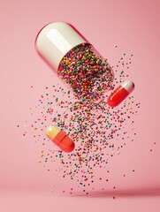 Aufkleber - Colorful particles spill from a split capsule against a pink background, showcasing vibrant hues in mid air. Generative AI