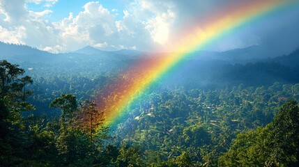 Canvas Print - Rainbow across green hills, blue sky with white clouds