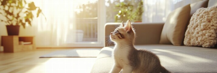 Poster - Kitten enjoys playful moments in bright sunny living room during afternoon. Generative AI