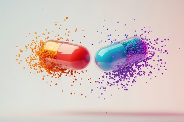 Aufkleber - Colorful particles spill from split capsules displaying vibrant hues in a minimalist composition. Generative AI