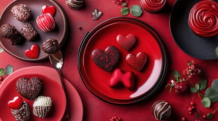 Valentine's Day presents on a red table with red hearts. Flat lay, top view