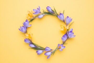 Poster - Beautiful spring crocus flowers and a card on a colorful background, flat lay. Space for text